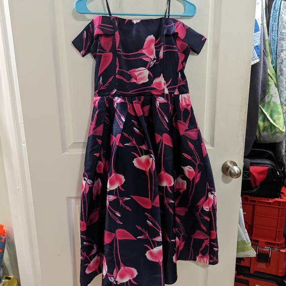 Unique Vintage Blue & Pink Floral Fit & Flare Mid Length Formal Dress - Medium - Picture 2 of 11